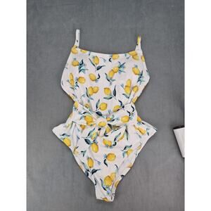 Jessica Simpson Lemons Printed Tie Waist White One Piece Swimsuit XL NWOT